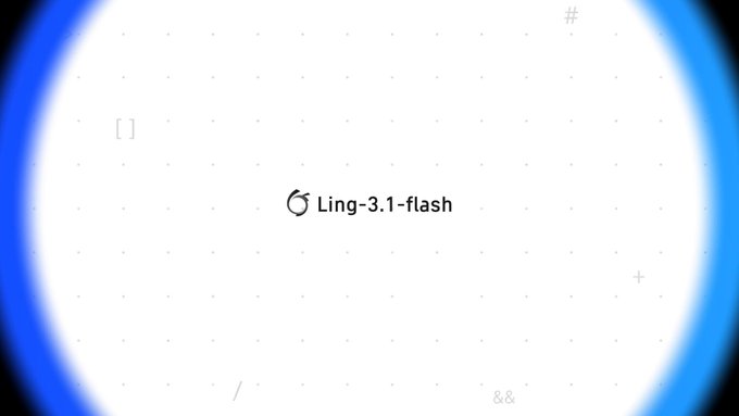 Dunkle Oberfläche mit Code-Editor, in dem ein kurzes Briefing in ein UI-Layout umgewandelt wird, daneben Modellname Ling-3.1-flash