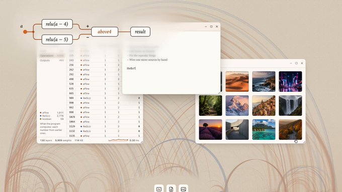 Illustration of JavaScript code flowing into a neural network diagram inside a browser window