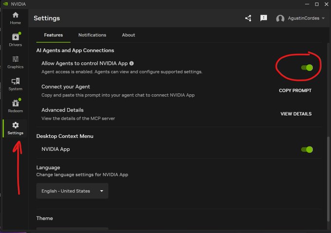 Screenshot der NVIDIA App mit hervorgehobener, standardmäßig aktivierter Einstellung zur KI-Agent-Steuerung