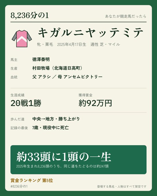 8236分の1のゲーム画面イメージ。馬名入力欄と生まれた馬のカードが表示されている