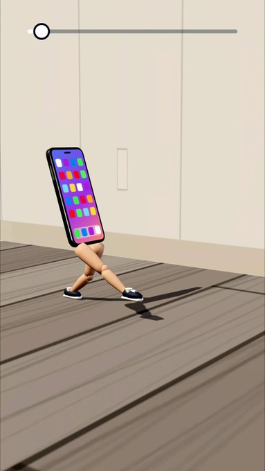 A smartphone with human legs mid-step on a cartoon path, screen tilted forward