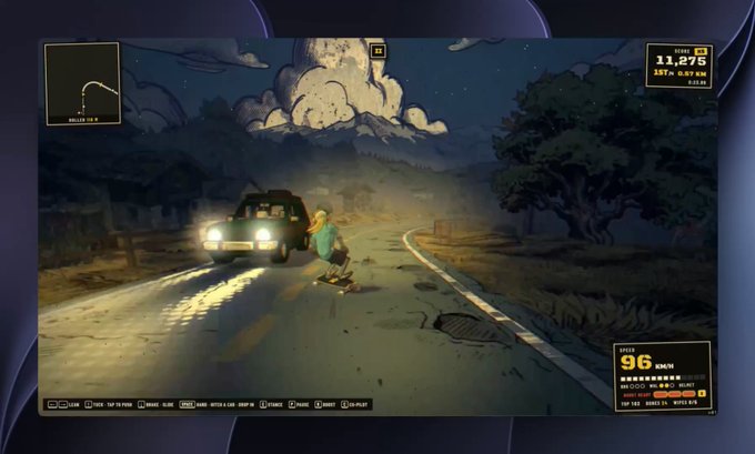 A 3D skateboarder carving down a steep hill in the browser game Cruising Bones